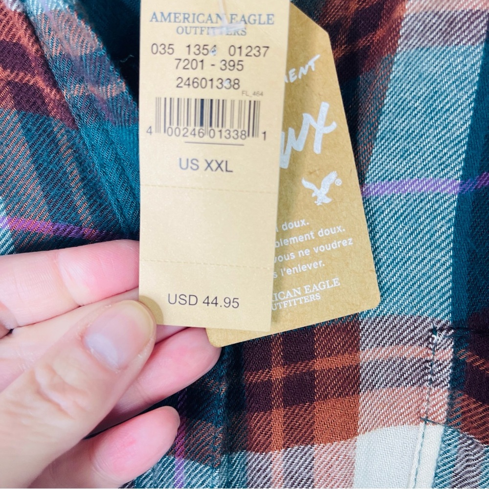 NWT AEO green cream rust plaid flannel button front boyfriend top XXL - Picture 7 of 8